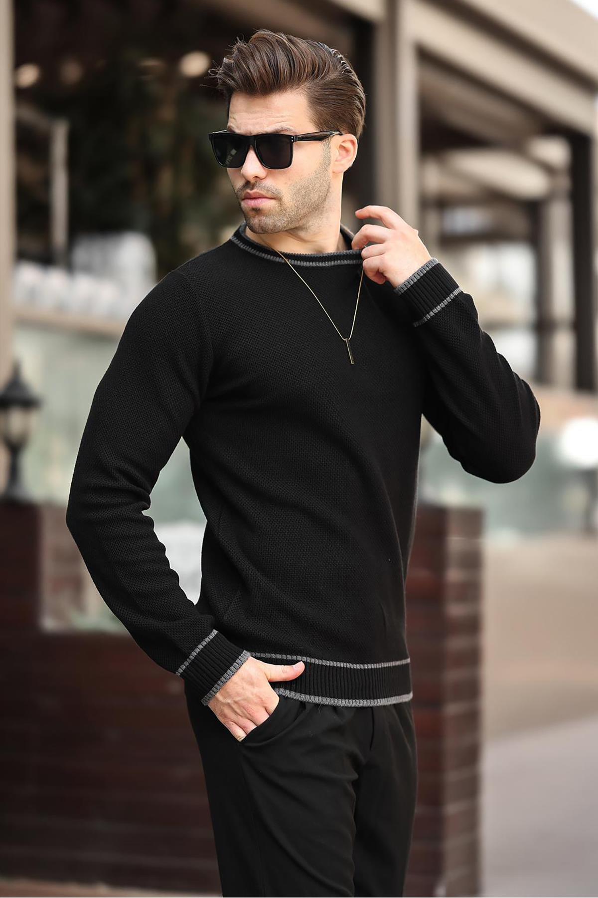 Madmext-Pulover tricotat negru cu mânecă lungă și detaliu dungi - Decolteu 7245 3