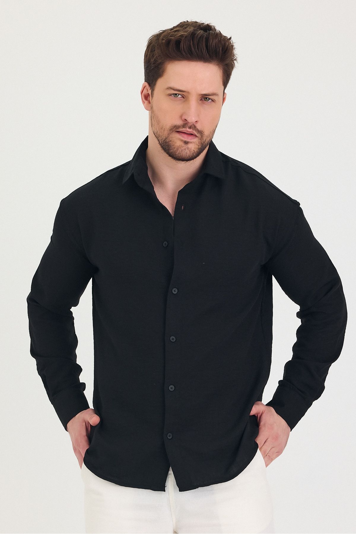 BLUE STREET Erkek Slim Fit Dar Kalıp Uzun Kol Pamuklu Keten Efekt Gömlek