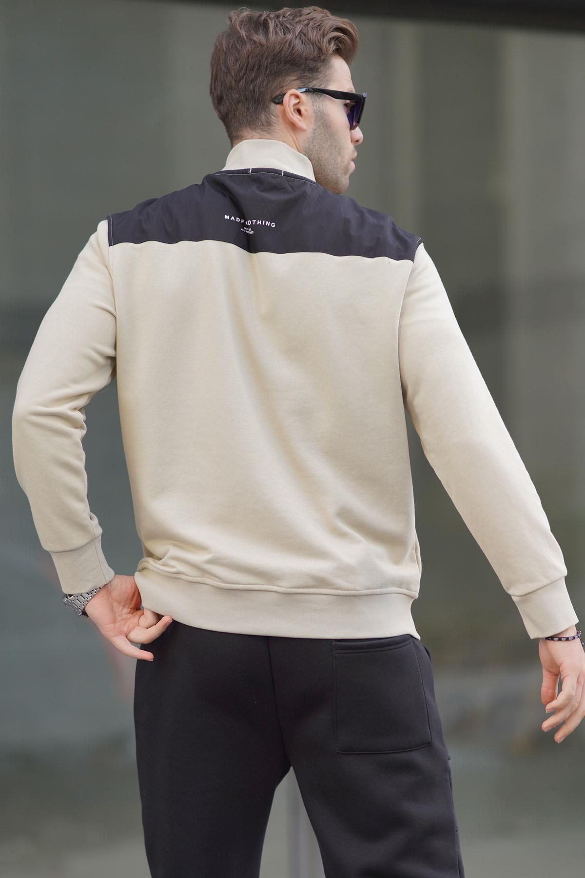 سویشرت نود مردانه پایه یقه زیپ بژ 6157 Madmext