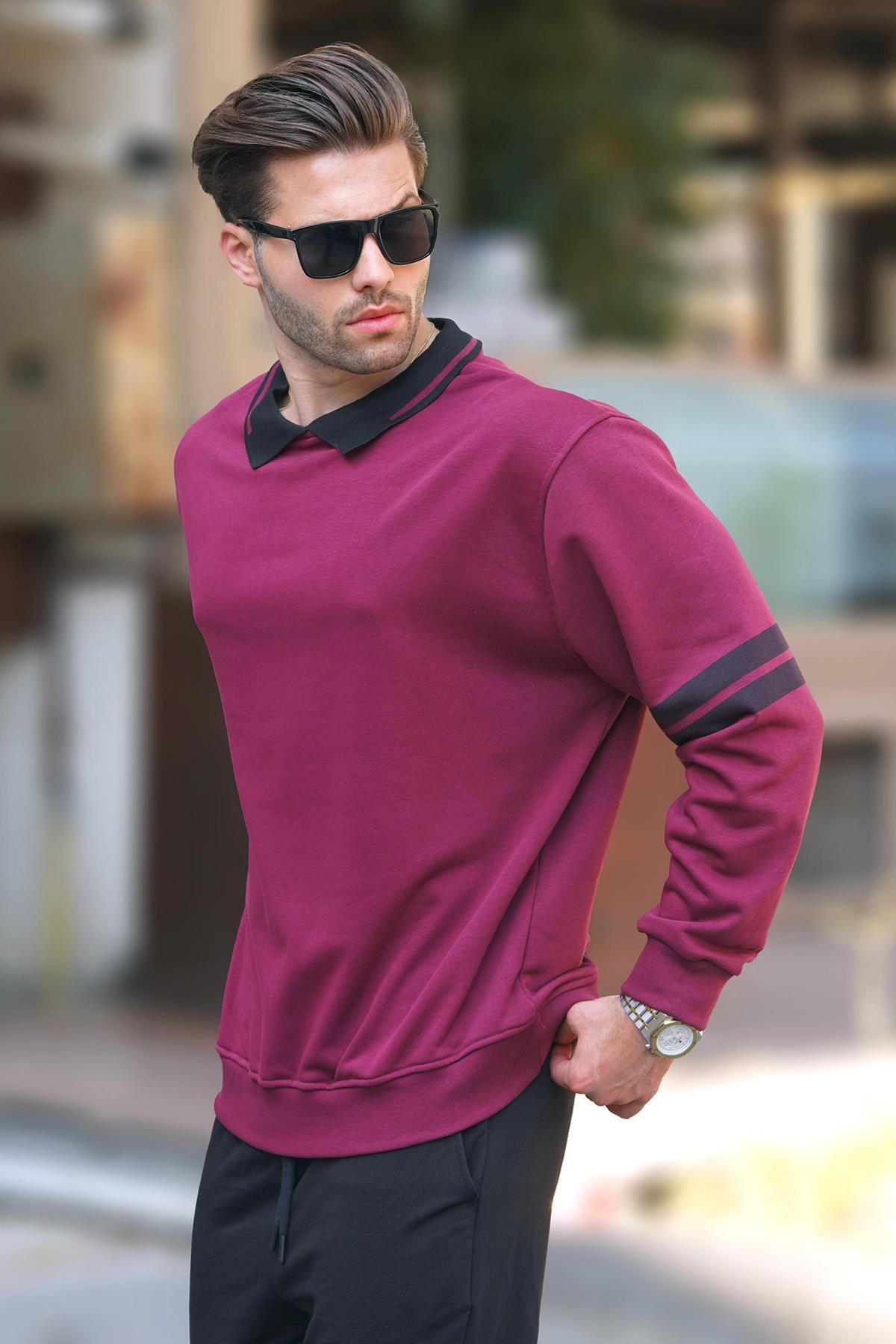 Madmext Bluza Męska - Kołnierzyk Polo W Kolorze Claret Red, Rękawy Oversize W Paski, Mężczyzna - M