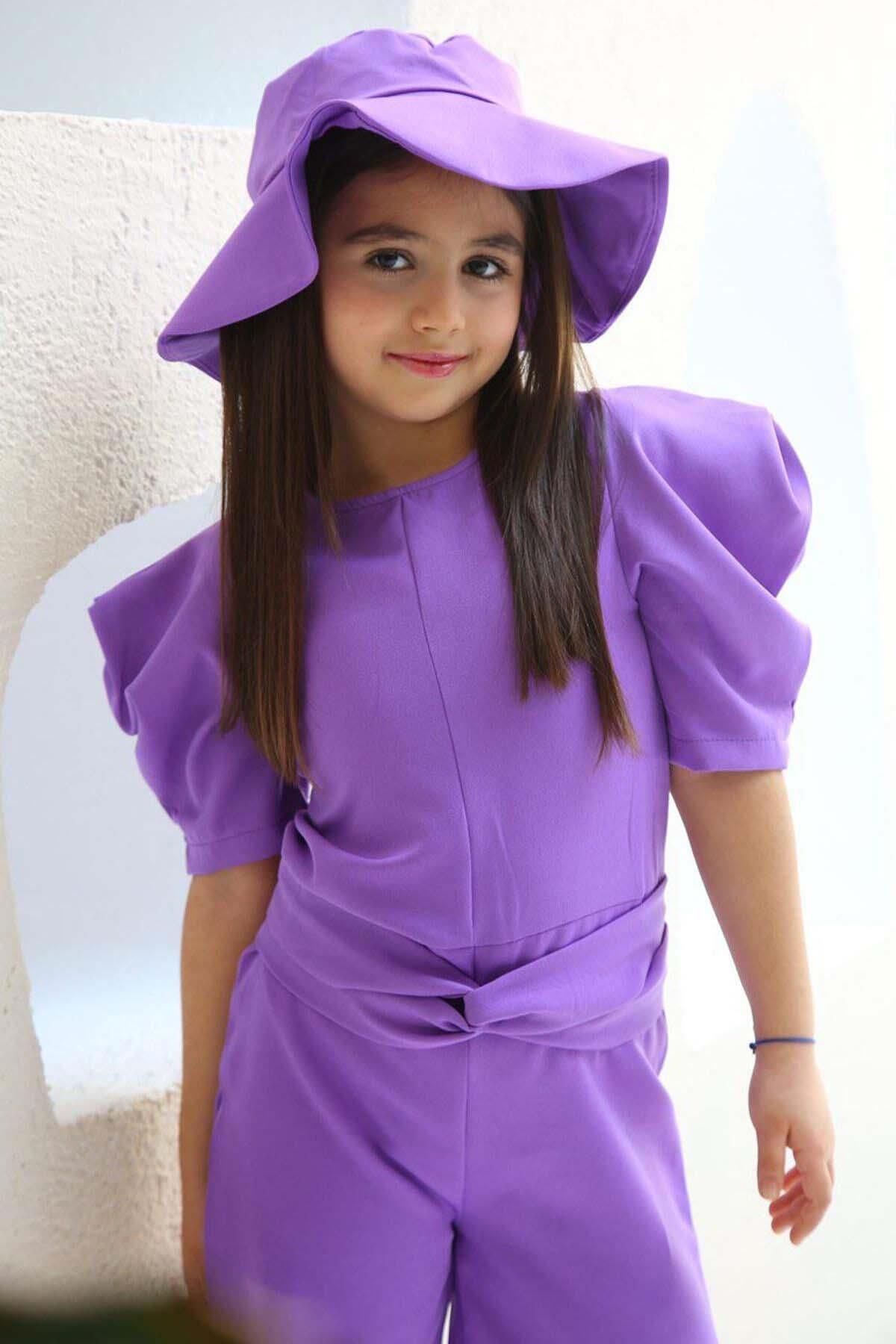 Riccotarz-Girl's Crew Neck Half Sleeve Waist Tie Detailed Purple Shorts Jumpsuit 4