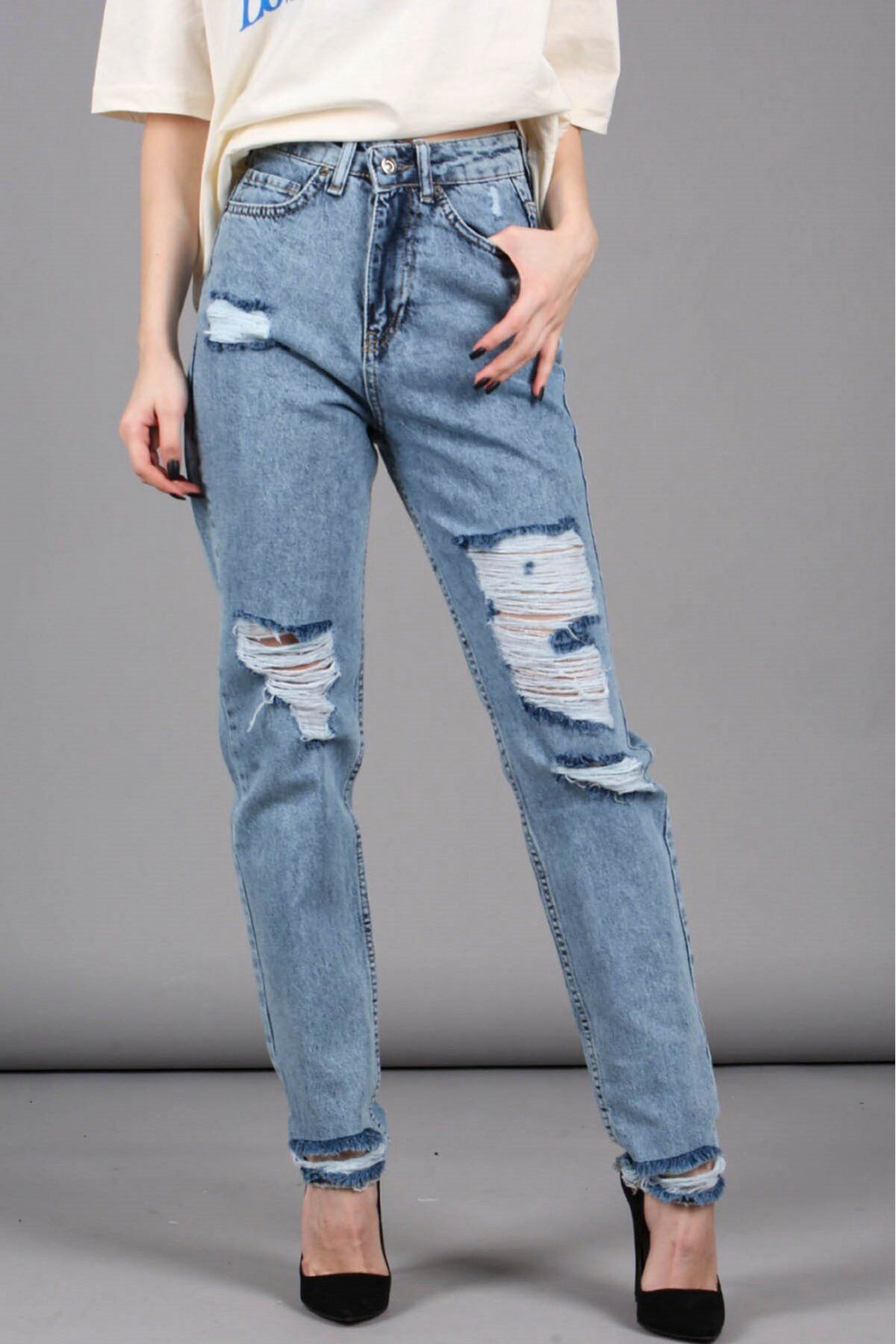 Madmext Mad Girls Blue Ripped Mom Jean Mg1163 Kobieta - 34