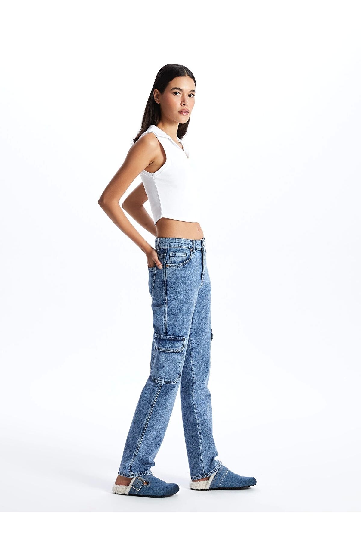 LC Waikiki LCW Jeans Indigo Straight Fit Kadın Kargo Jean Pantolon