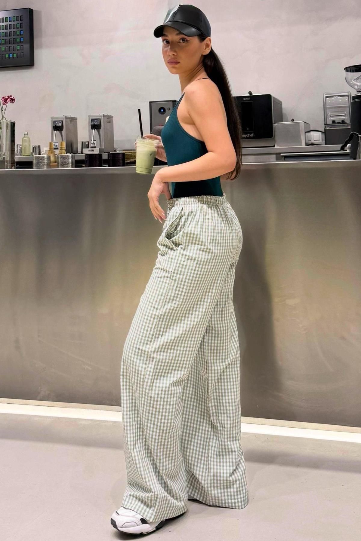 Madmext-Hellgrüne Gingham-Damenhose mit weitem Bein Mg2335 2