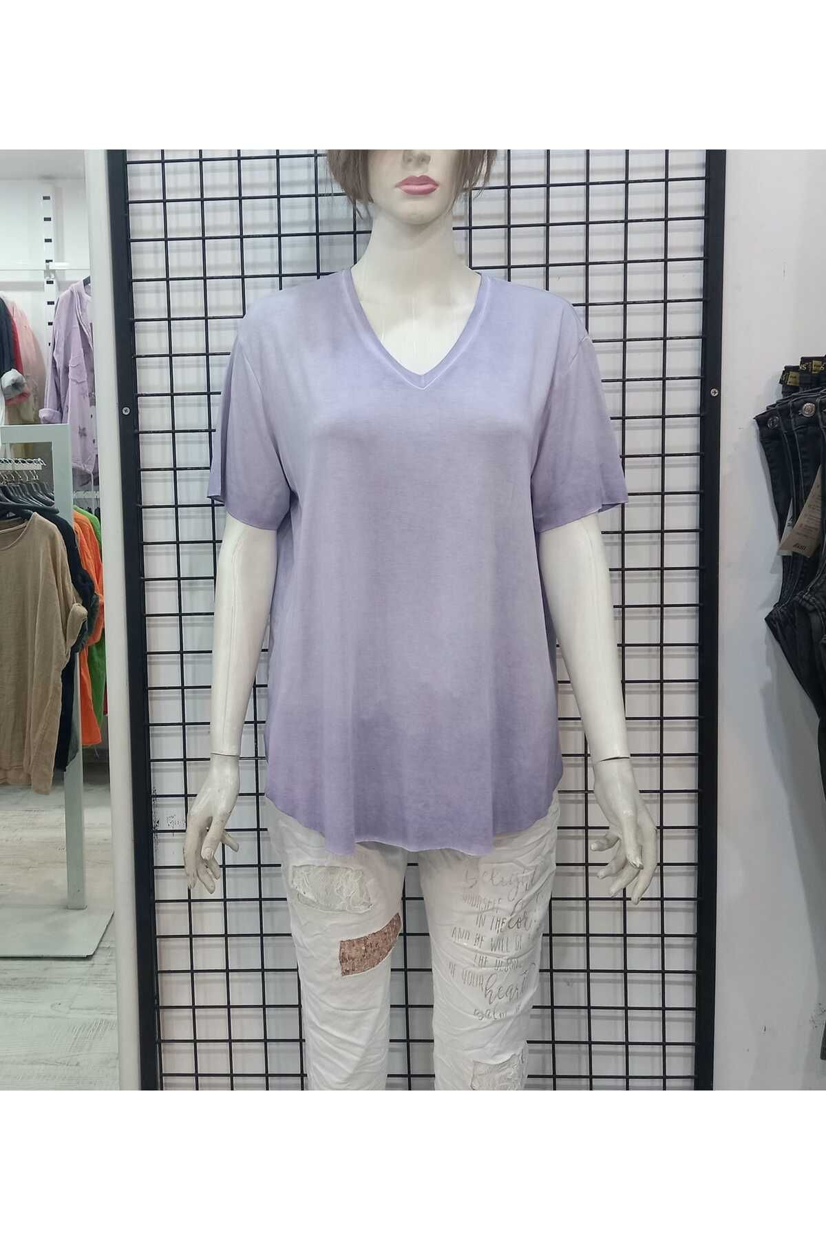 Butik Şans JM V Yaka Eteği Oval Lazer Kesim Modal T-Shirt