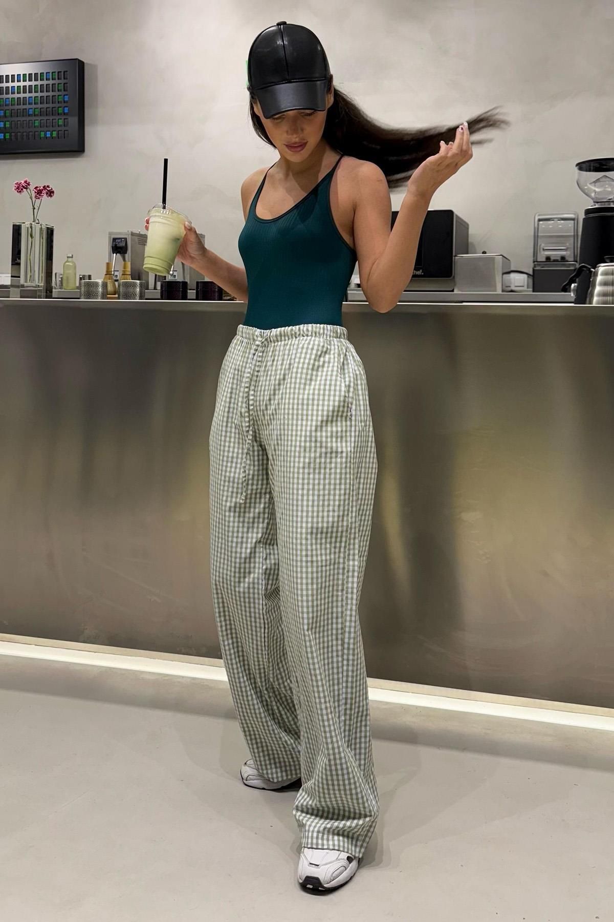 Madmext-Hellgrüne Gingham-Damenhose mit weitem Bein Mg2335 4