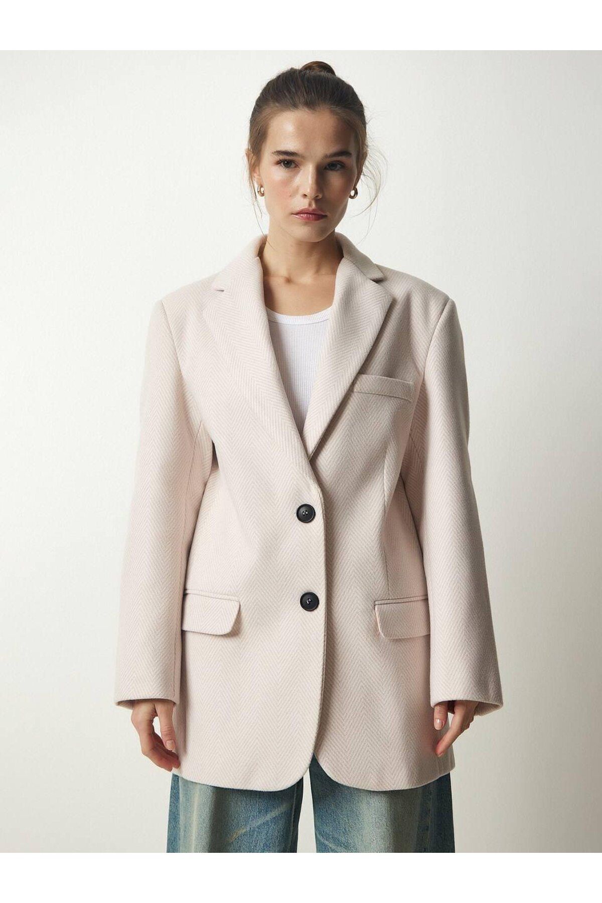 shcenco Kadın Bej Herringbone Desenli Oversize Fit Deri Patch Detaylı Düğmeli Blazer Ceket