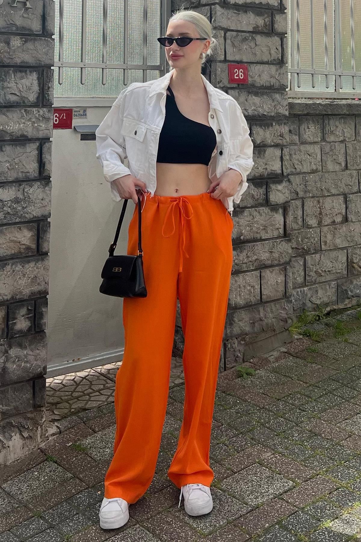 Madmext-Orange Crinkle Fabric Basic Women's Beach Trousers Mg1778 3