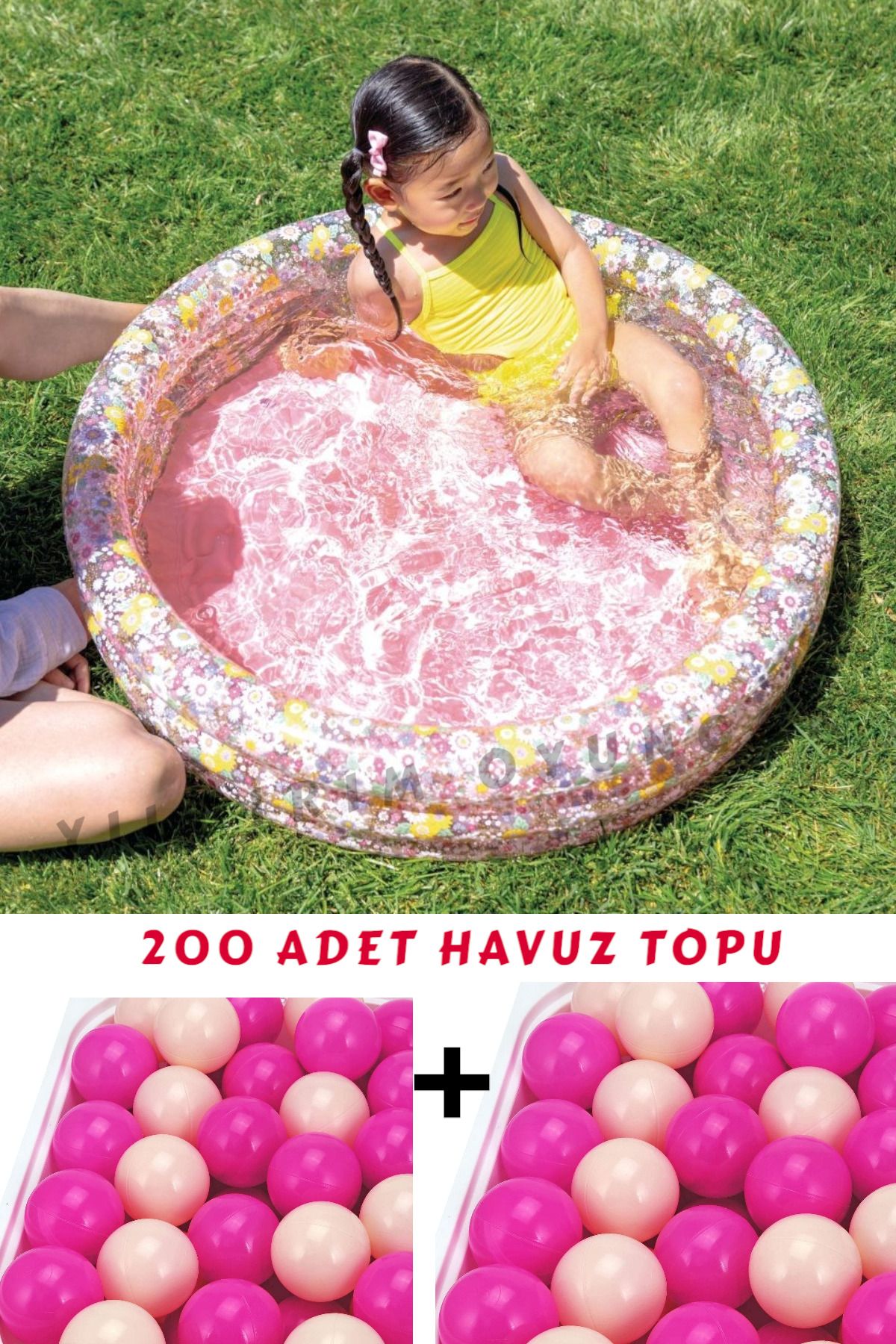 YILDIRIM OYUNCAK 3 Boğumlu Şişme Tabanlı Çiçek Desenli Bebek Çocuk Havuzu 86x25cm 200 Adet Havuz Topu 6 cm