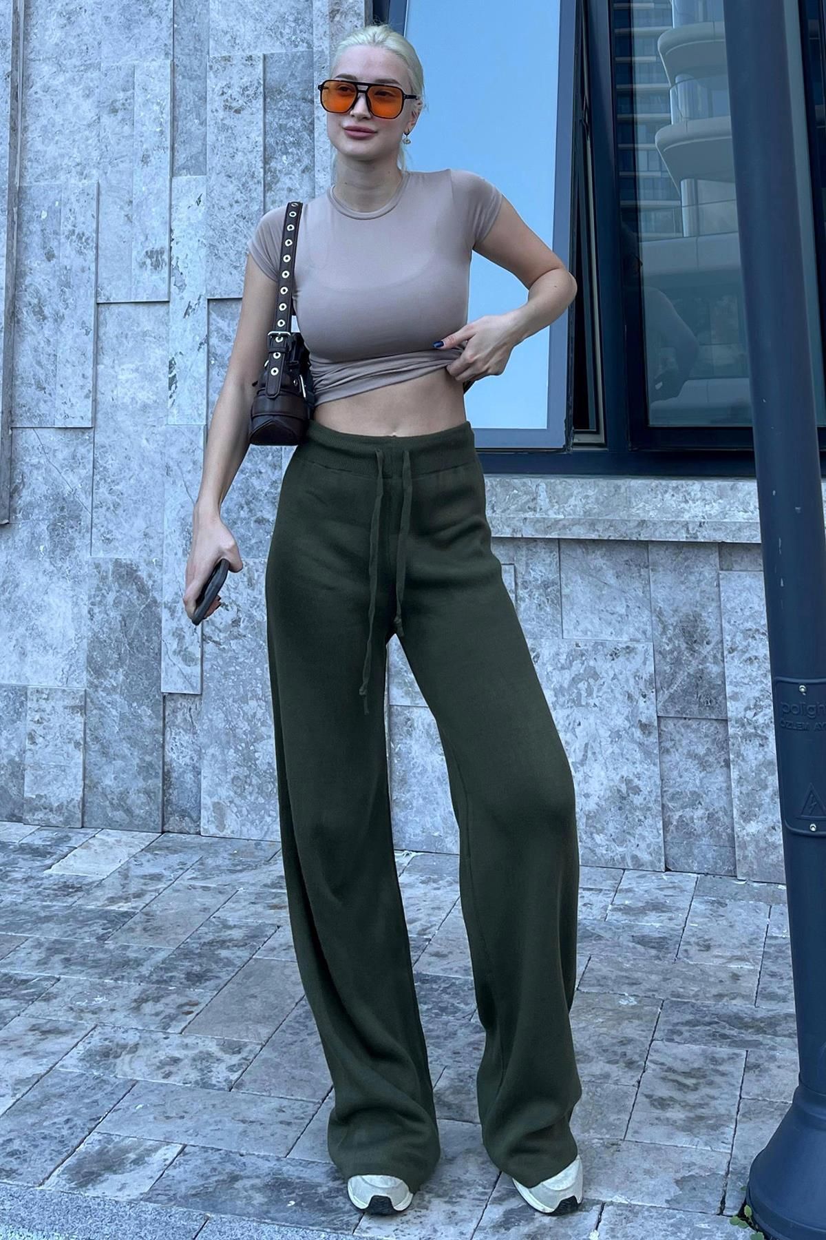 Madmext-Khaki kalhoty se širokými nohavicemi - Nastavitelný pas Mg2089 3