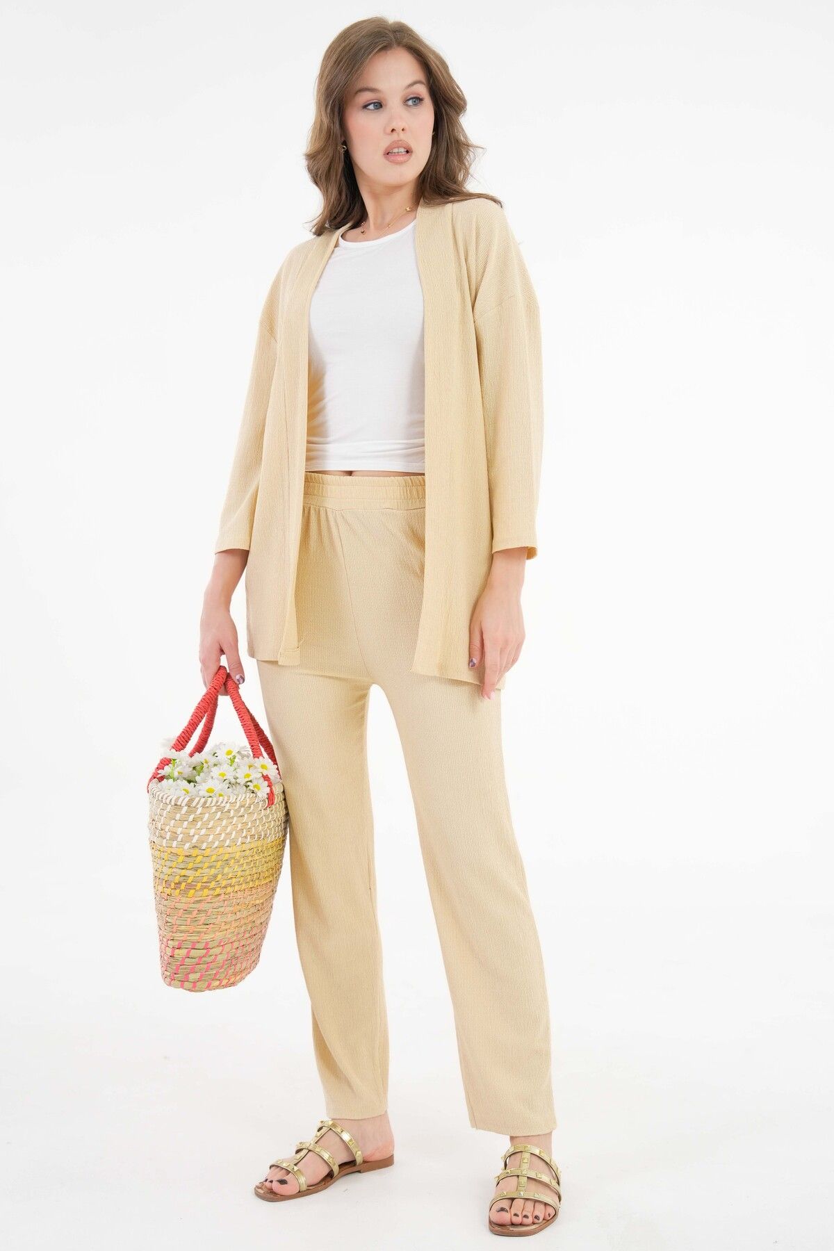 Saade-Beige Rasch Fabric Kimono - Trousers Knitted Set 4