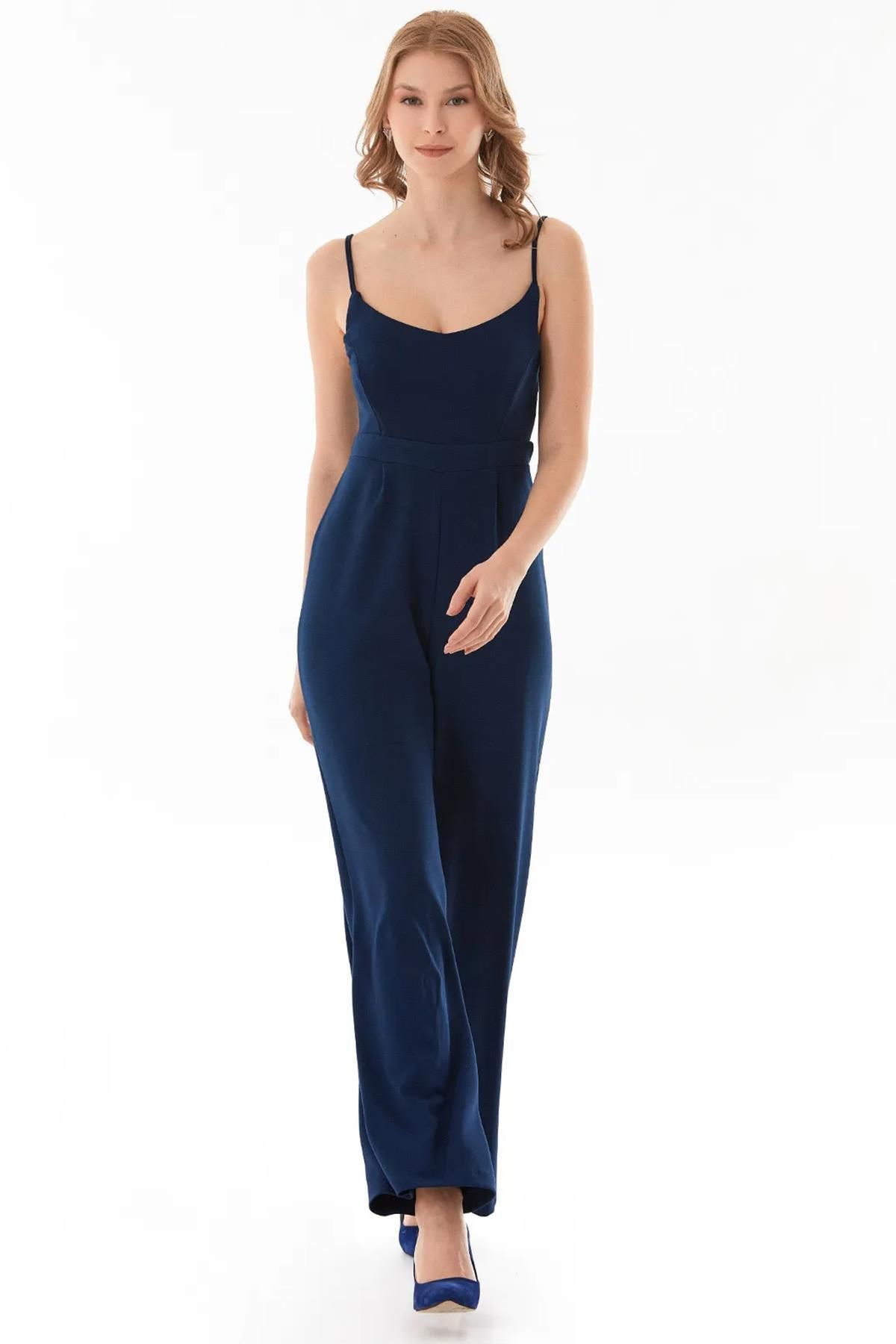 TENA-Women's Navy Blue Rope Strap Modal Fabric Wide Leg Jumpsuit 4