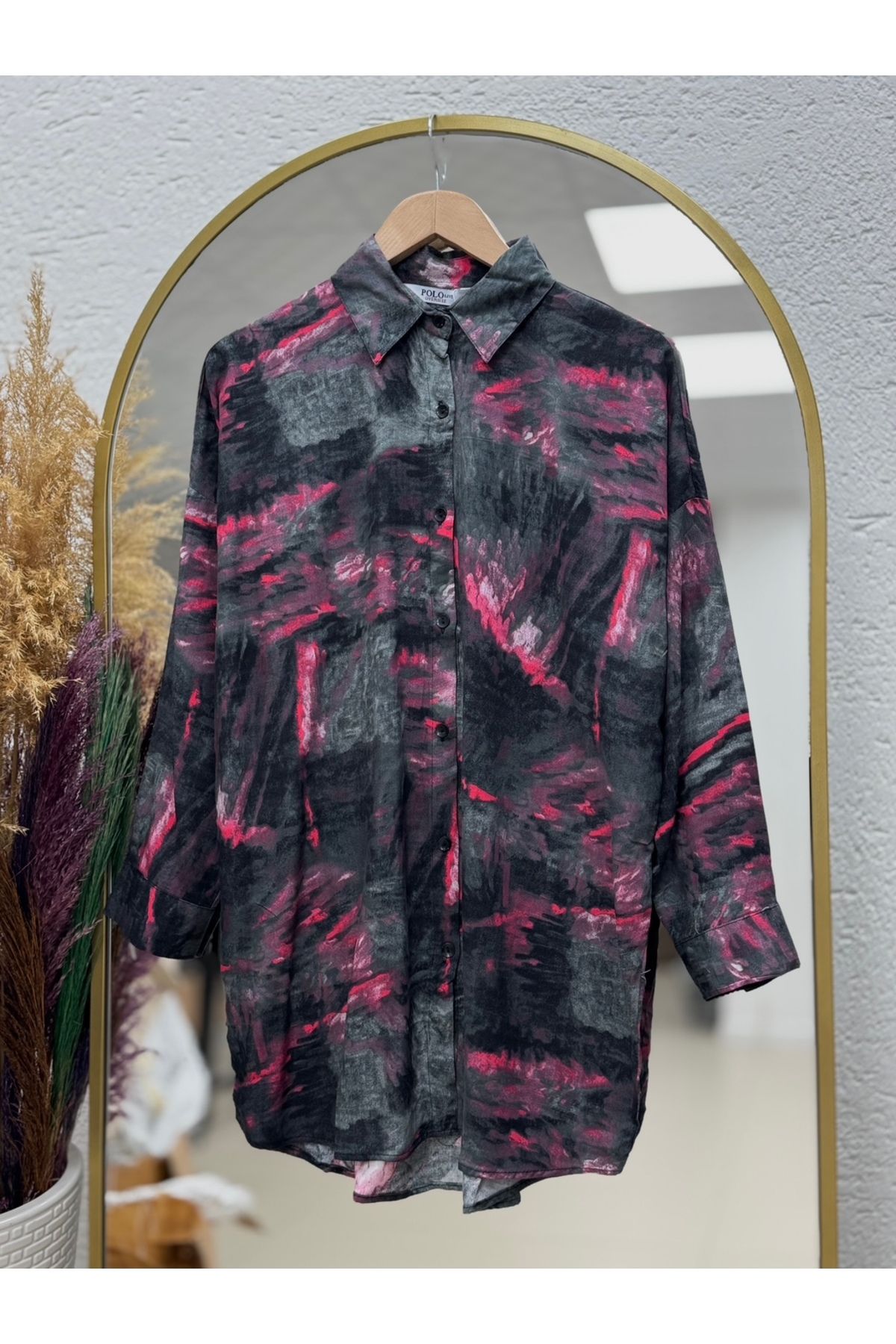 Ebrar Store Amelia Desenli Viskon Gömlek-PE204 Pembe