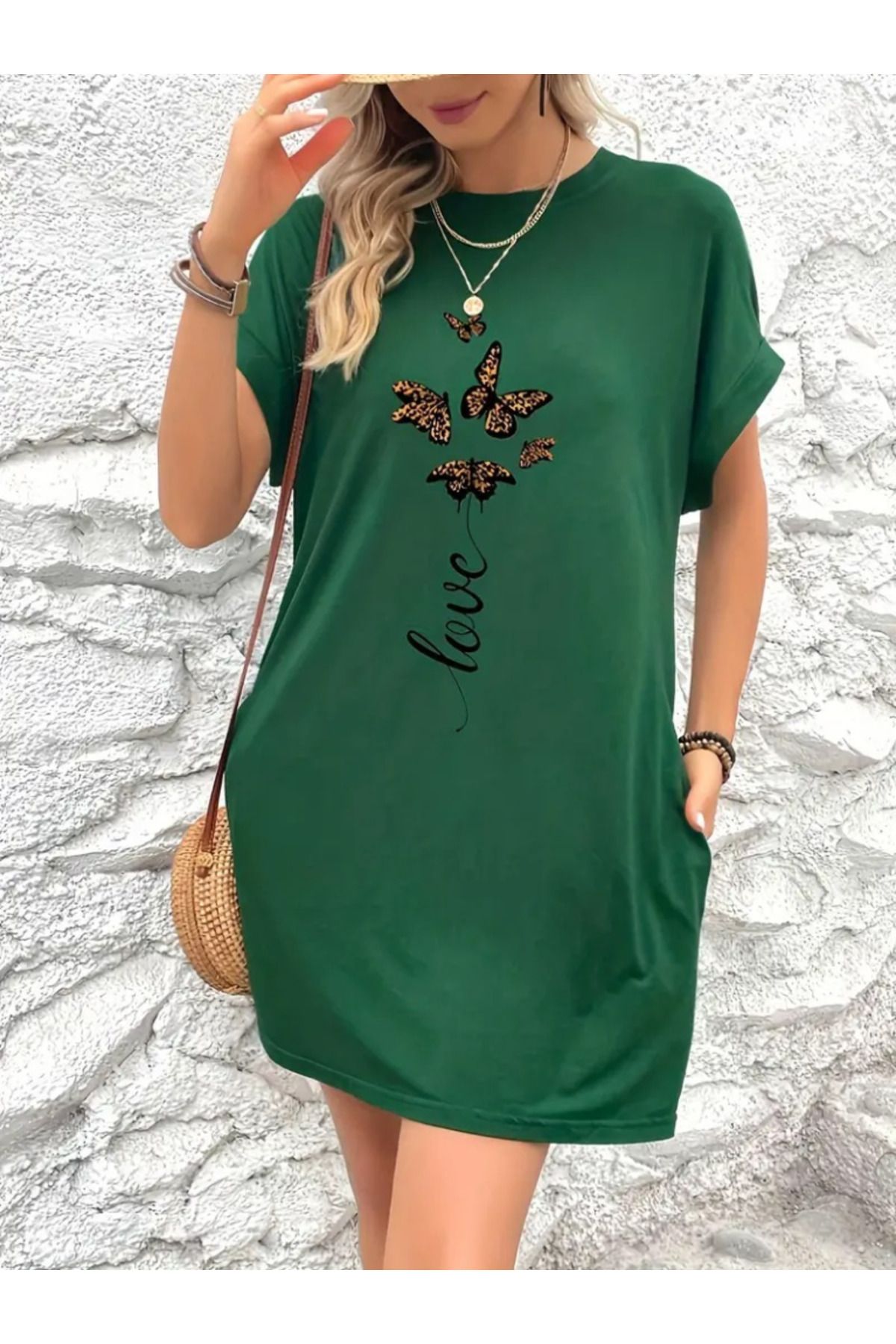 velmorafashion Kadın Kısa Kollu Bisiklet Yaka Cepli Kelebek Baskılı Viskon Elbise