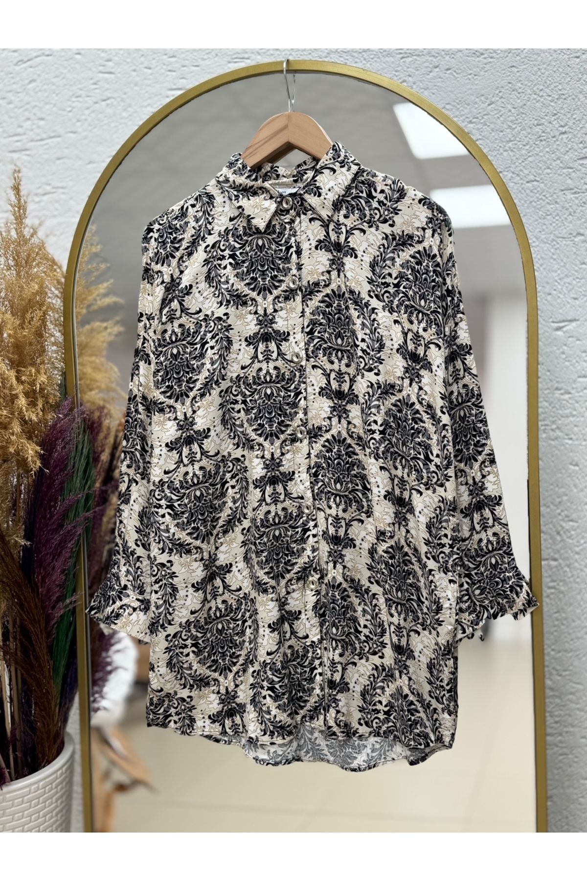 Ebrar Store Milano Ebruli Desen Viskon Gömlek-PE204 Siyah
