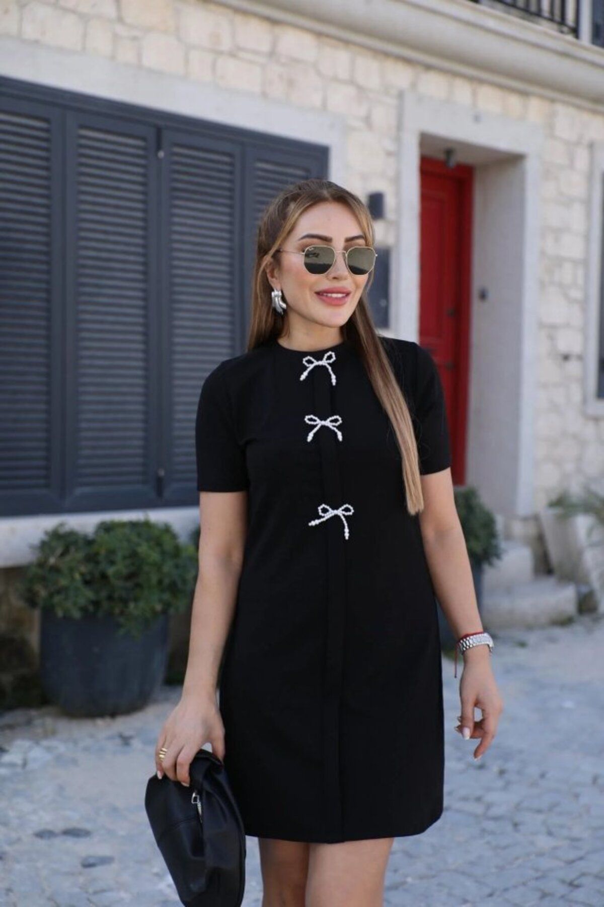 velmorafashion Kadın Kısa Kollu Bisiklet Yaka önden Fiyonk Detaylı Ithal Krep Elbise