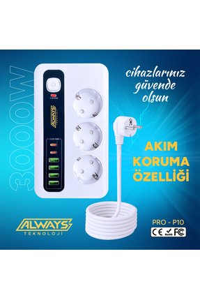 ALWAYS TEKNOLOJİ Akım Korumalı 4 USB'li ve 3 TYPE-C li 3'lü Grup Priz 2 m Uza...