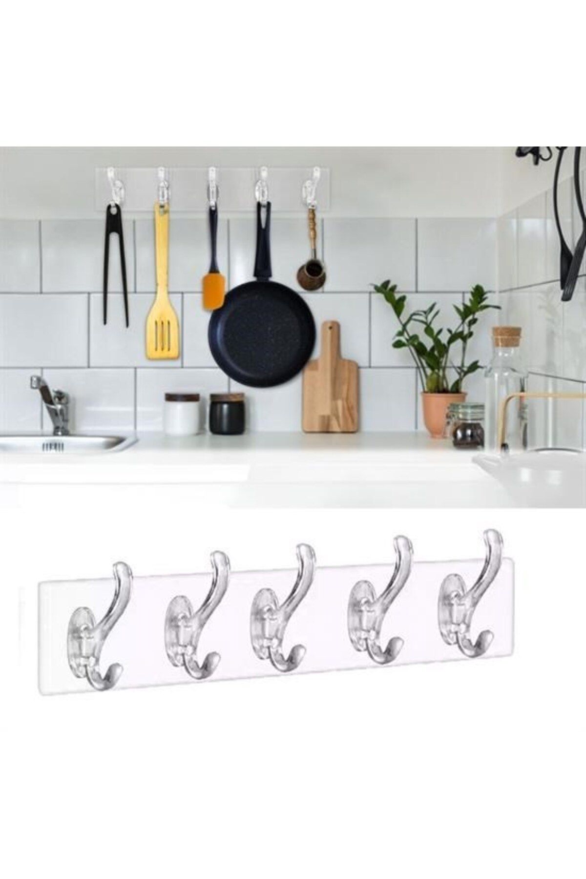 Allproduct ® 5'li Güçlü Yapışkanlı Şeffaf Duvar Askısı Banyo Mutfak Düzenleyici Pratik Askılık