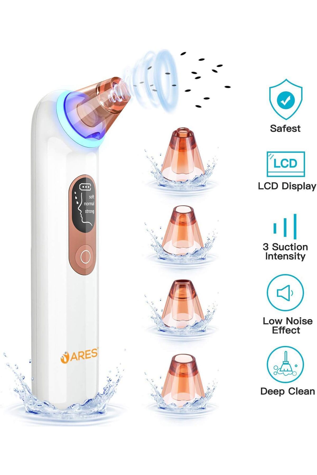 ARES-uFashion Blackhead Remover | 4 Replaceable probes to cleaning | Blue light technology | 3 Sucti 3