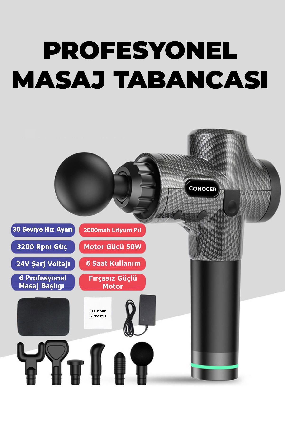 CONOCER Profesyonel 6 Başlıklı Şarjlı Sporcu Masaj Tabancası 30 Hız Kademeli + Çantalı