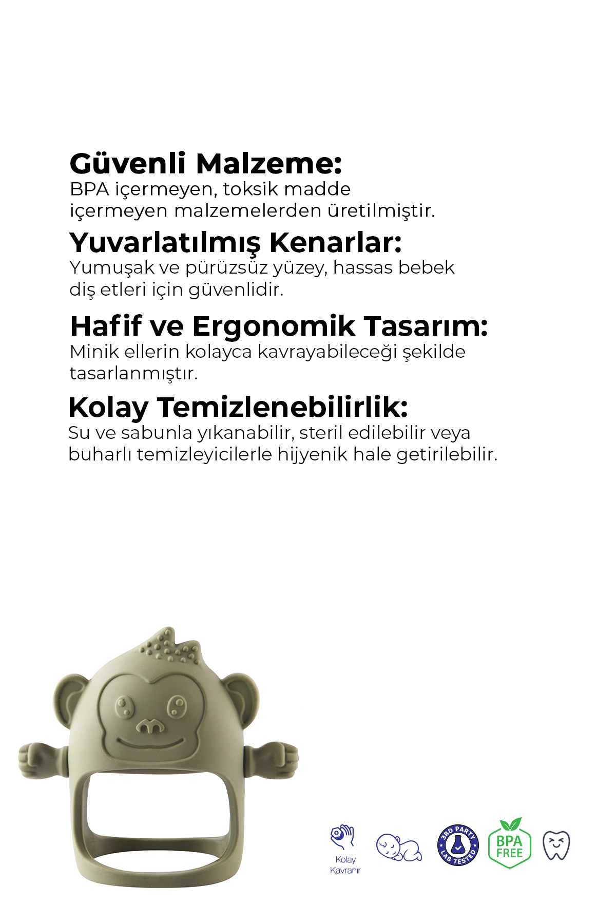 Kiki Diş Kaşıma Eldiveni - Silikon Bebek Diş Kaşıyıcı - Silikon Eldiven Dişlik Maymun fotoğrafı 3 (önizleme)