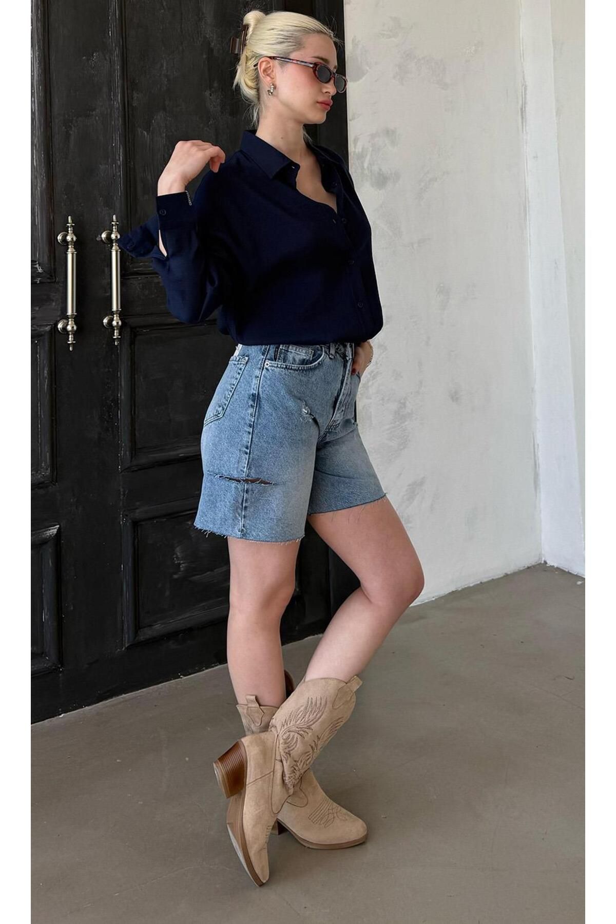 Madmext-Blue High Waist Side Ripped Denim Shorts Mg1477 5