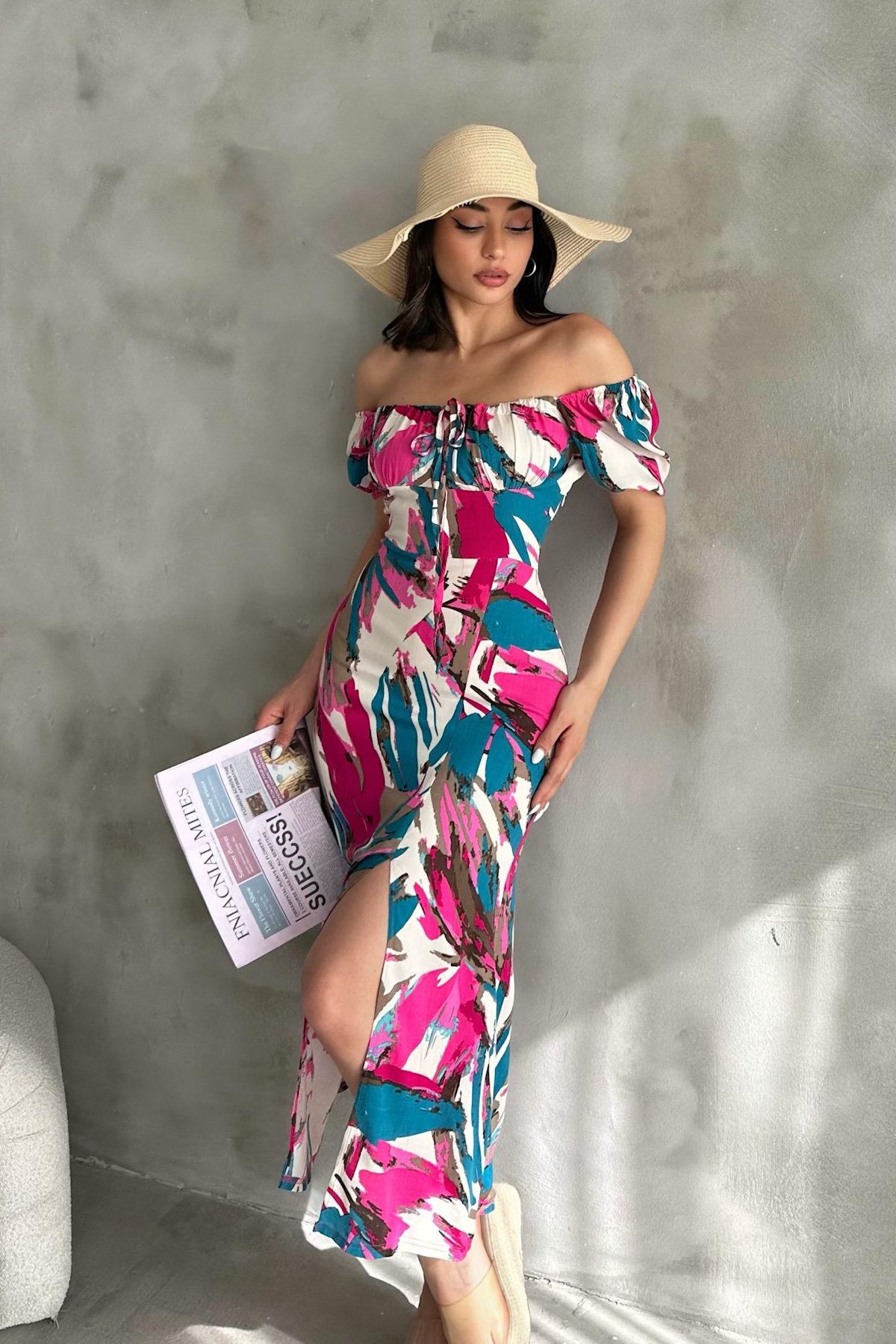 Mila-Fuchsia Patterned Slit Midi Dress 3