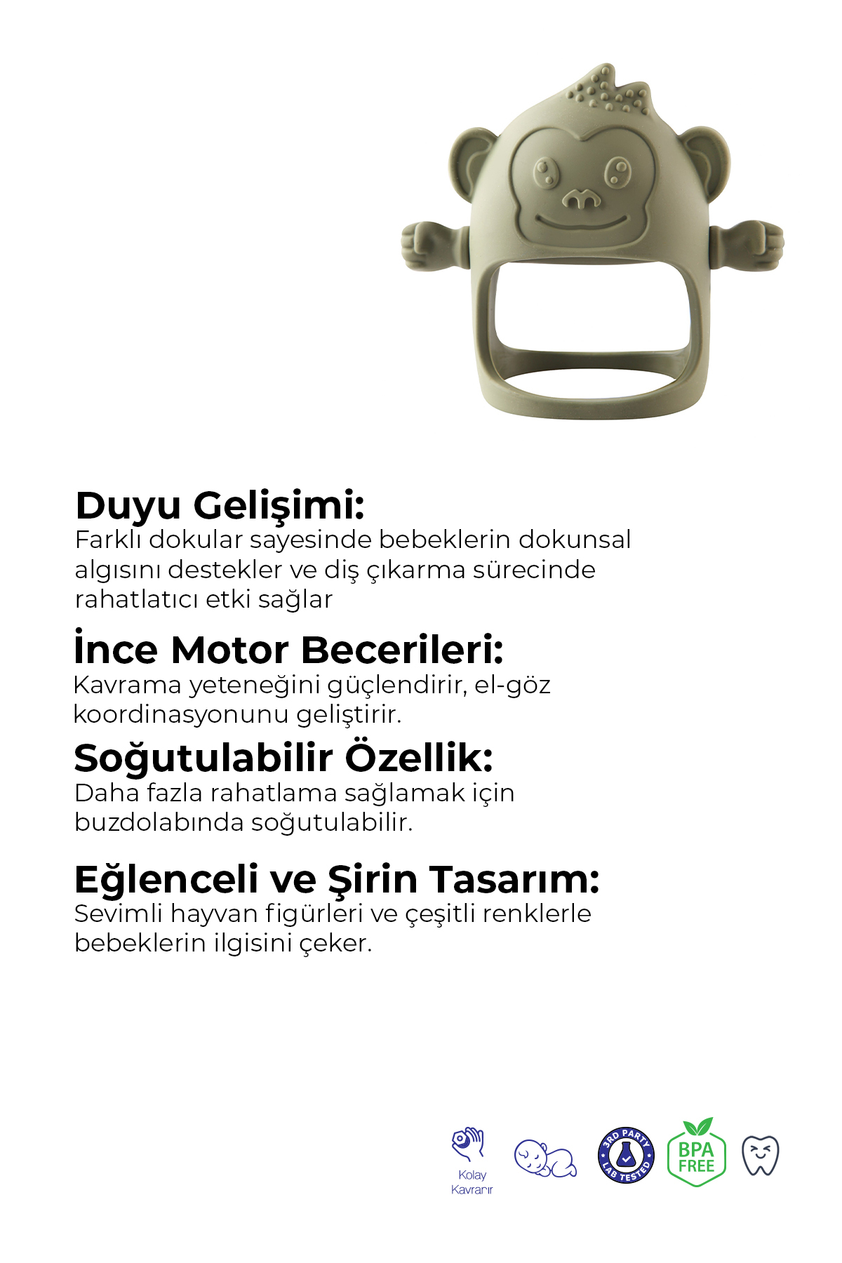 Kiki Diş Kaşıma Eldiveni - Silikon Bebek Diş Kaşıyıcı - Silikon Eldiven Dişlik Maymun fotoğrafı 2 (önizleme)