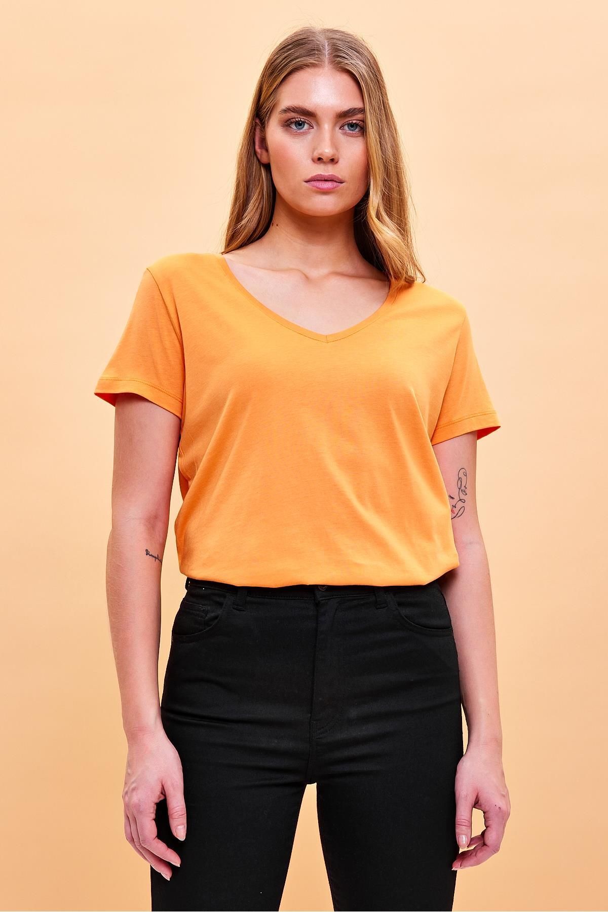 VENA-Women's Boyfriend Orange V-Neck Regular Fit Modal T-Shirt (Lyocell) 2