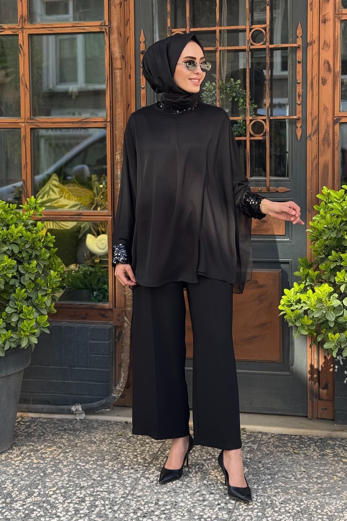 SEÇİL-Scl Sequined Stand Collar Chiffon Blouse 10002421811001   Black 1