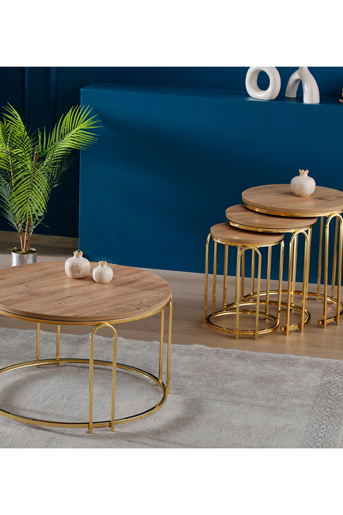 Lenka Zigon Orta Sehpa Takımı Yuvarlak Gold Metal 3+1 - Açık Ceviz sedaş-lenka-zigon-orta-gold