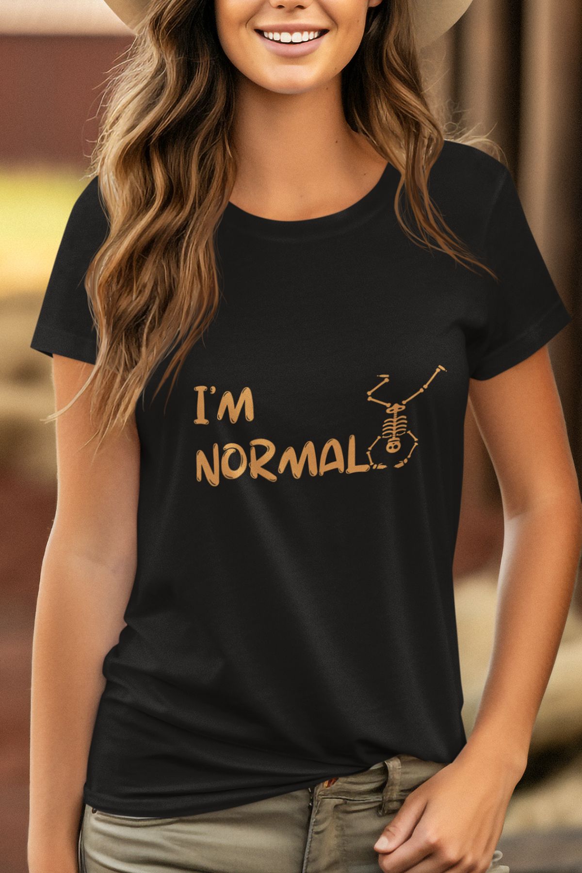 qoeuyl boutique I 'm normal İskelet Baskılı Eğlenceli Hediyelik Renkli Unisex T-Shirt