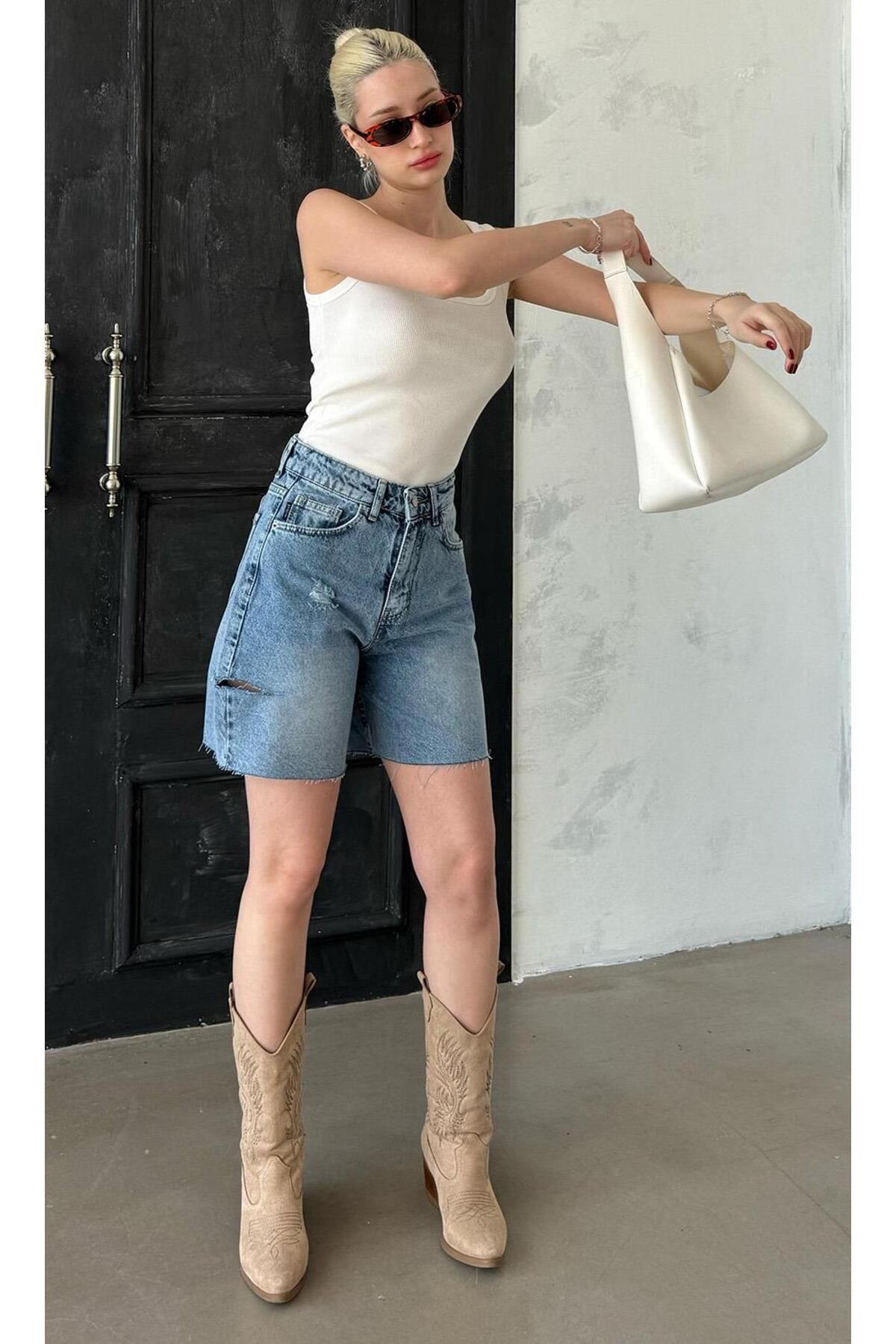Madmext-Blue High Waist Side Ripped Denim Shorts Mg1477 7