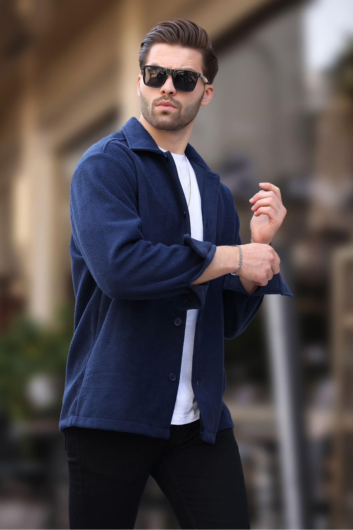 Madmext-Herren-Fleece-Hemd 6753 – Marineblau mit Knöpfen 2