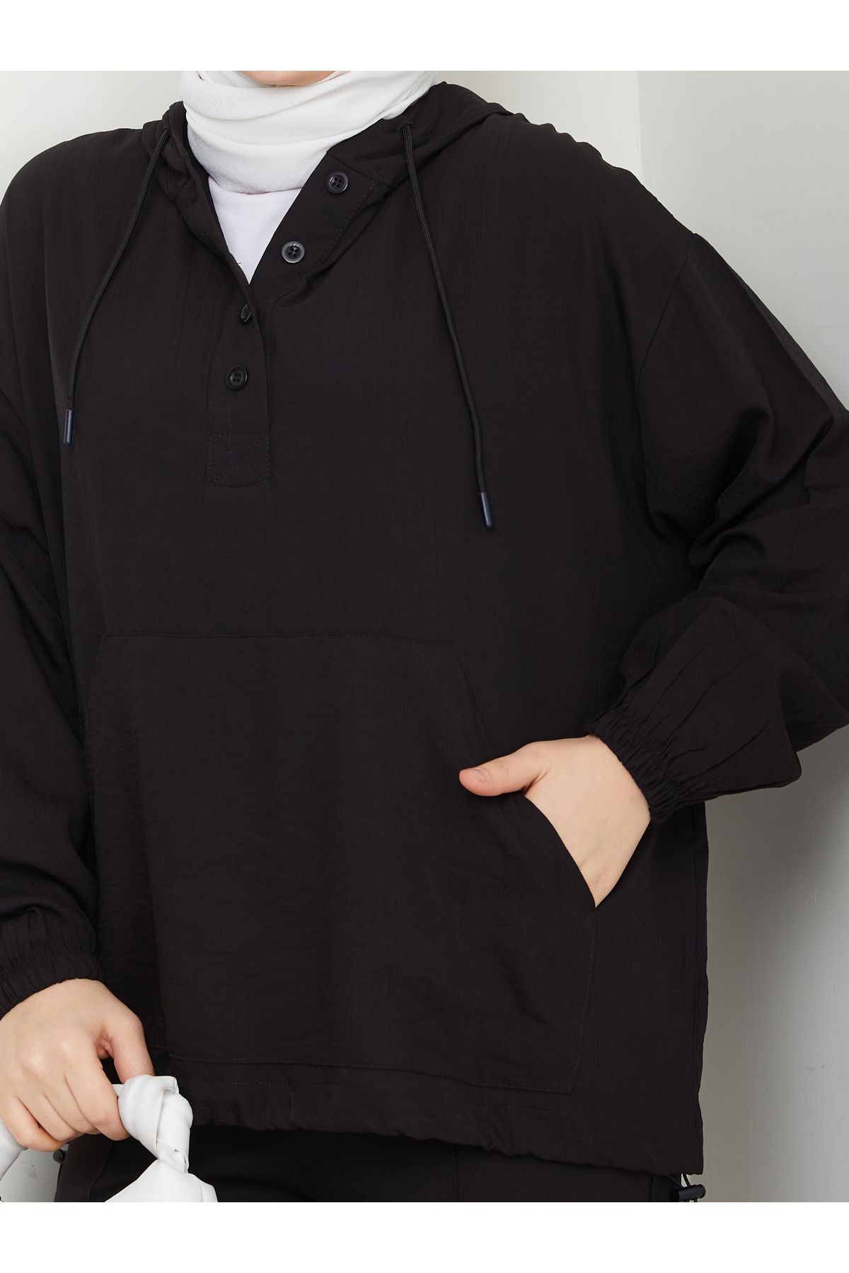 MODAMERSİ-Women's Black Hooded Sweatshirt with Button Detail on the Front, Pants, Hijab, Bottom and Top Set 4