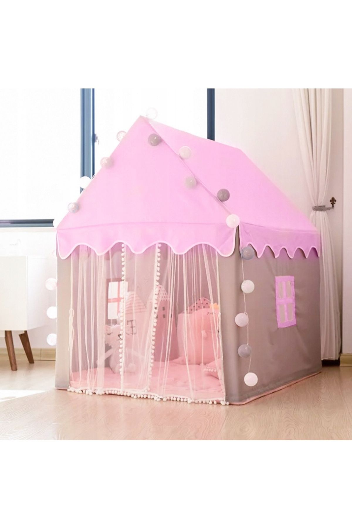 zola-Children's playhouse with lights, Zola®, windows, grey with pink, 130 x 100 x 115 cm 7