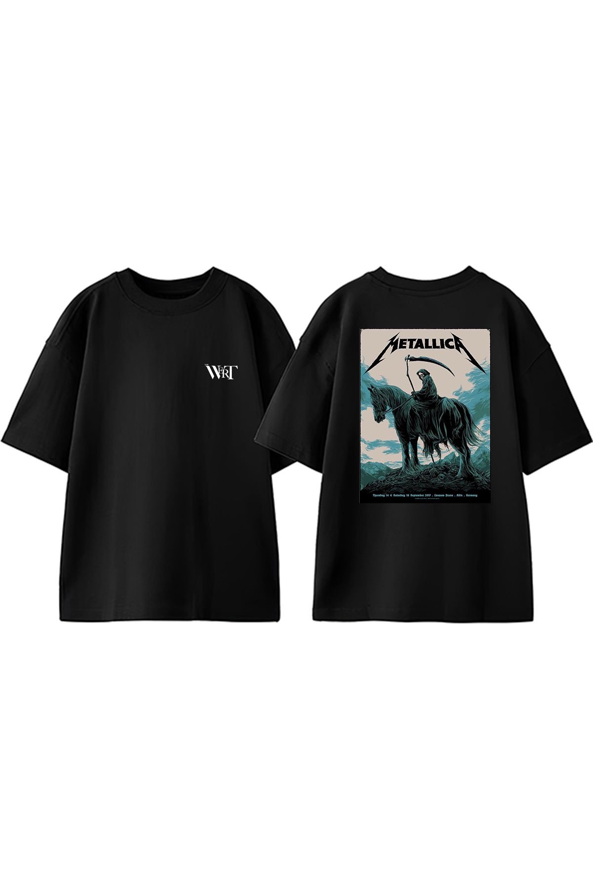 THEWERT Metallica Horse Skull Tasarım Sırt Baskılı Pamuk Siyah Oversize T-shirt
