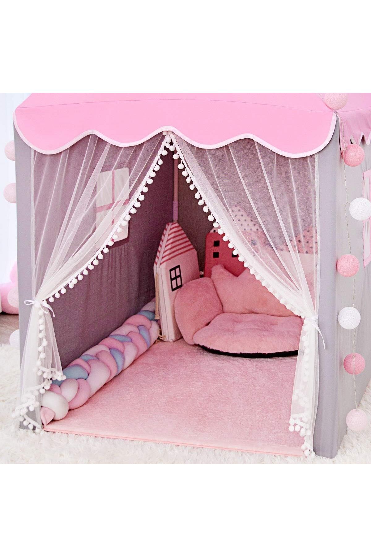 zola-Children's playhouse with lights, Zola®, windows, grey with pink, 130 x 100 x 115 cm 12