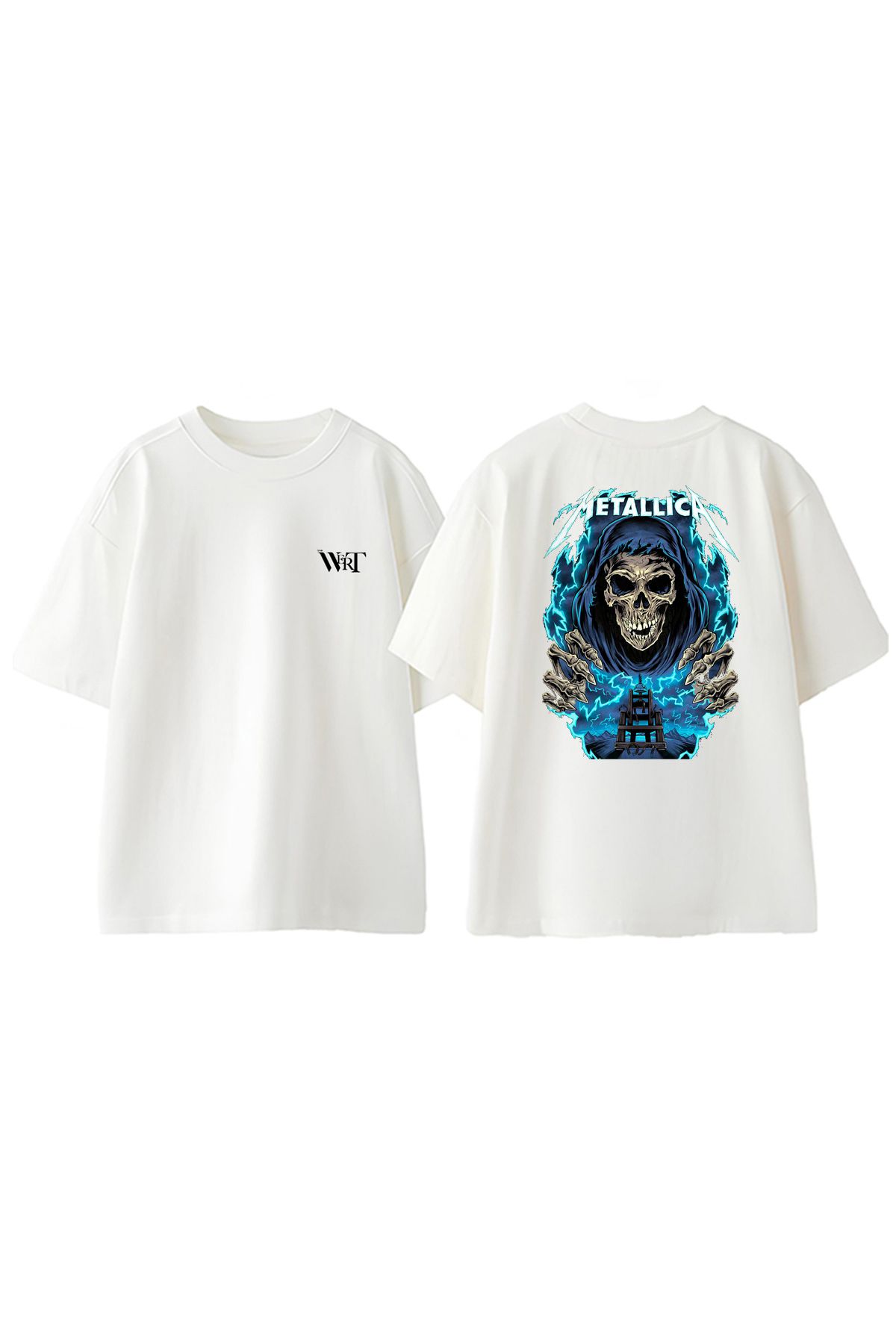 THEWERT Metallica Grim Reaper Tasarım Sırt Baskılı Pamuk Beyaz Oversize T-shirt