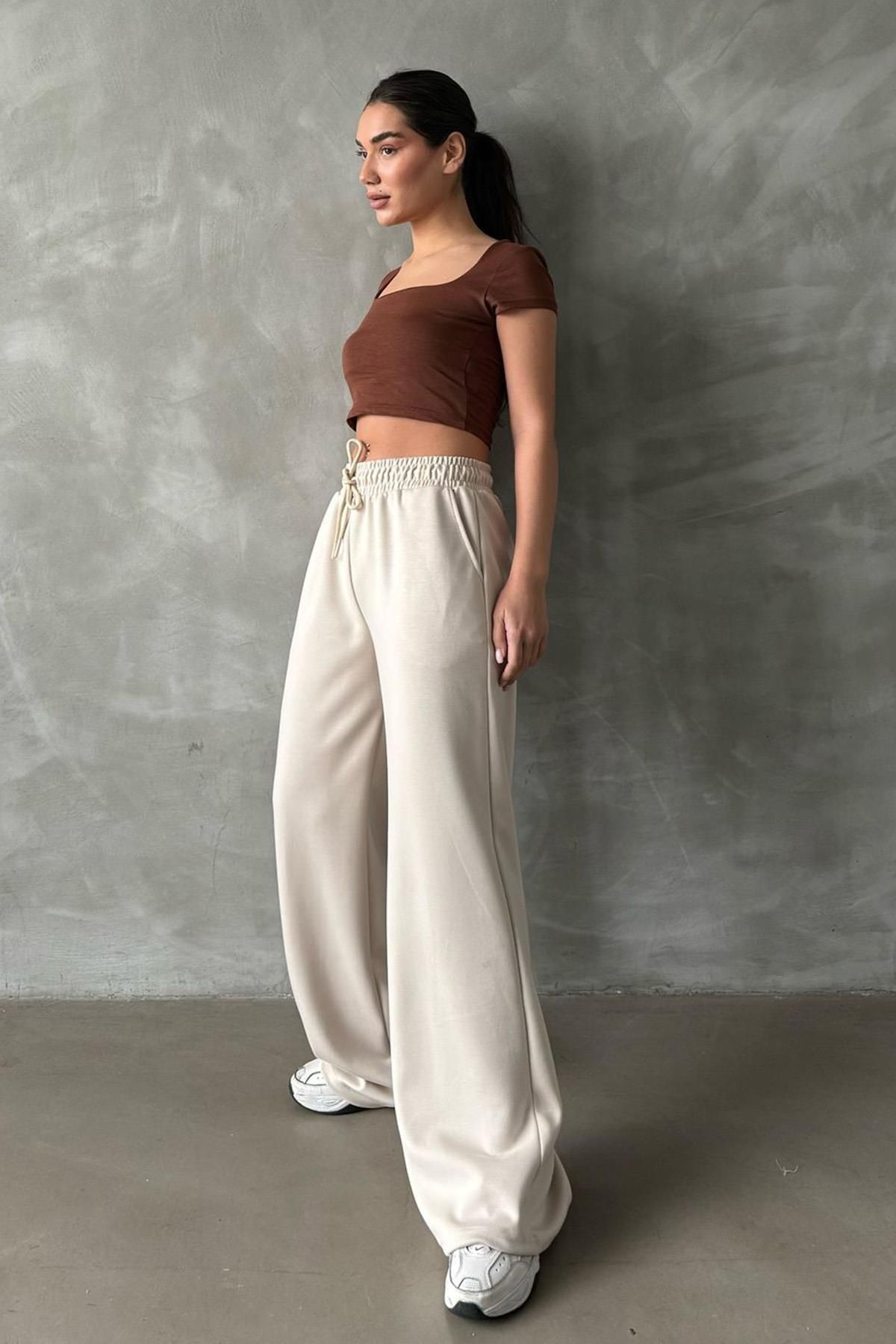 Madmext-Beigefarbene Damen-Jogginghose mit weitem Bein und Modal 6