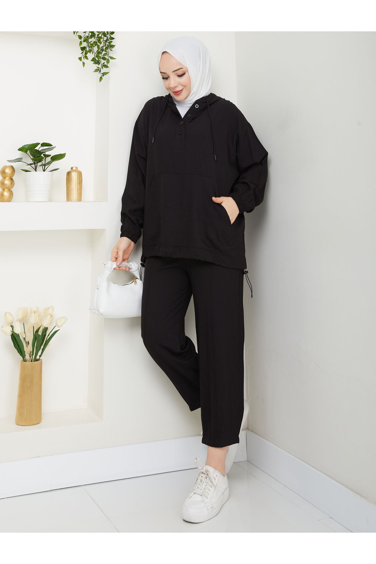 MODAMERSİ-Women's Black Hooded Sweatshirt with Button Detail on the Front, Pants, Hijab, Bottom and Top Set 7