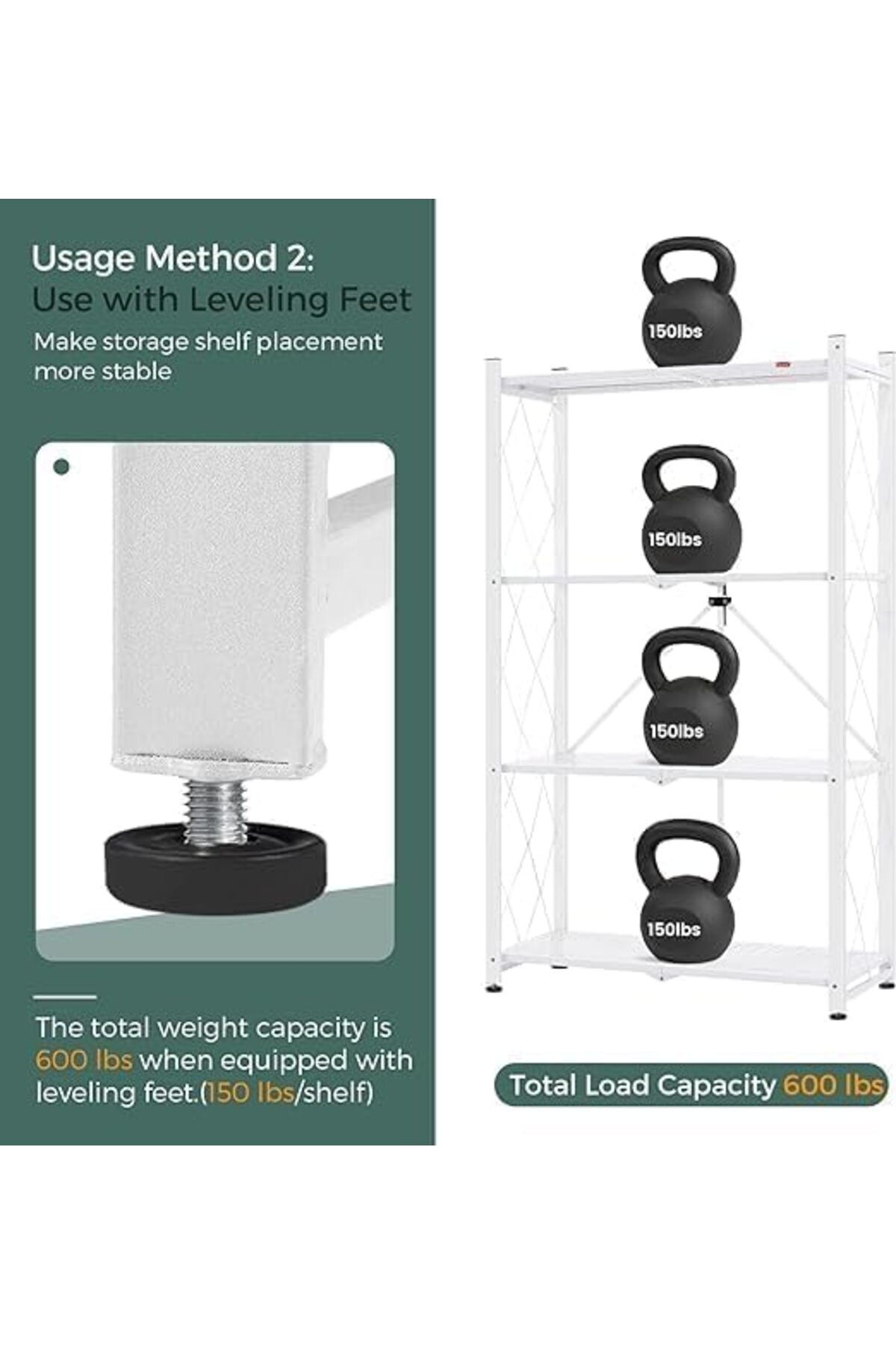 رفوف تخزين قابلة للطي مع عجلات، 4 طبقات، أبيض