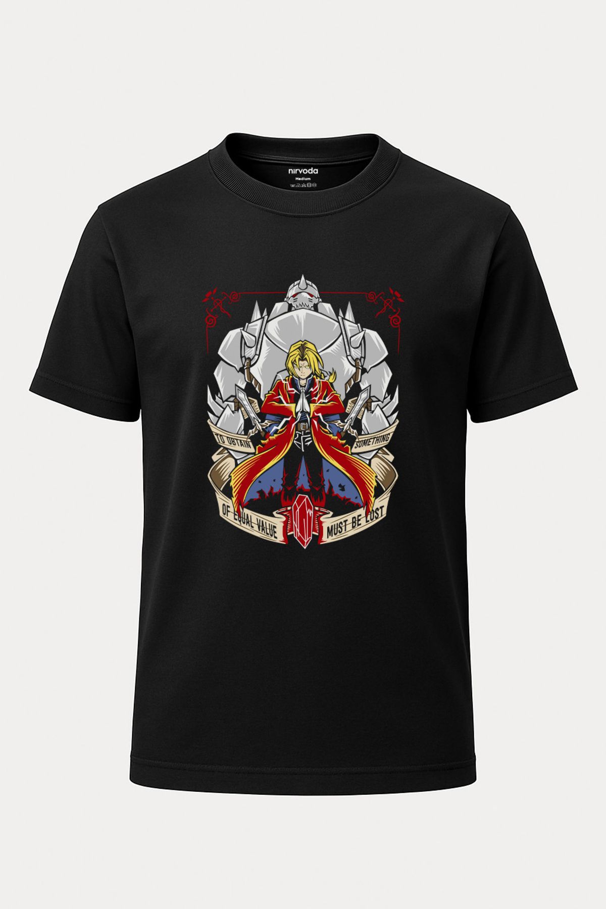 nirvoda-Edward Elric Fullmetal Alchemist Printed Loose Fit Crew Neck Unisex T-Shirt Anime Manga Black 1