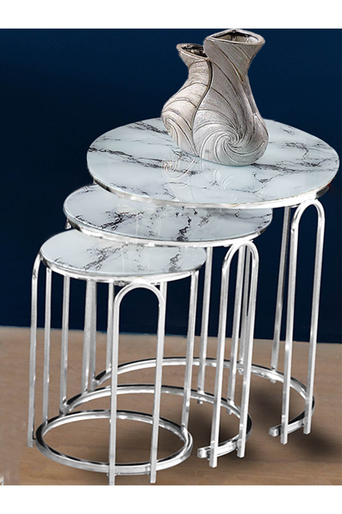 Zigon Sehpa Ve Orta Sehpa Set Lenka Beyaz Mermer Cam Gümüş Ayaklı Zigon-orta-sedaş
