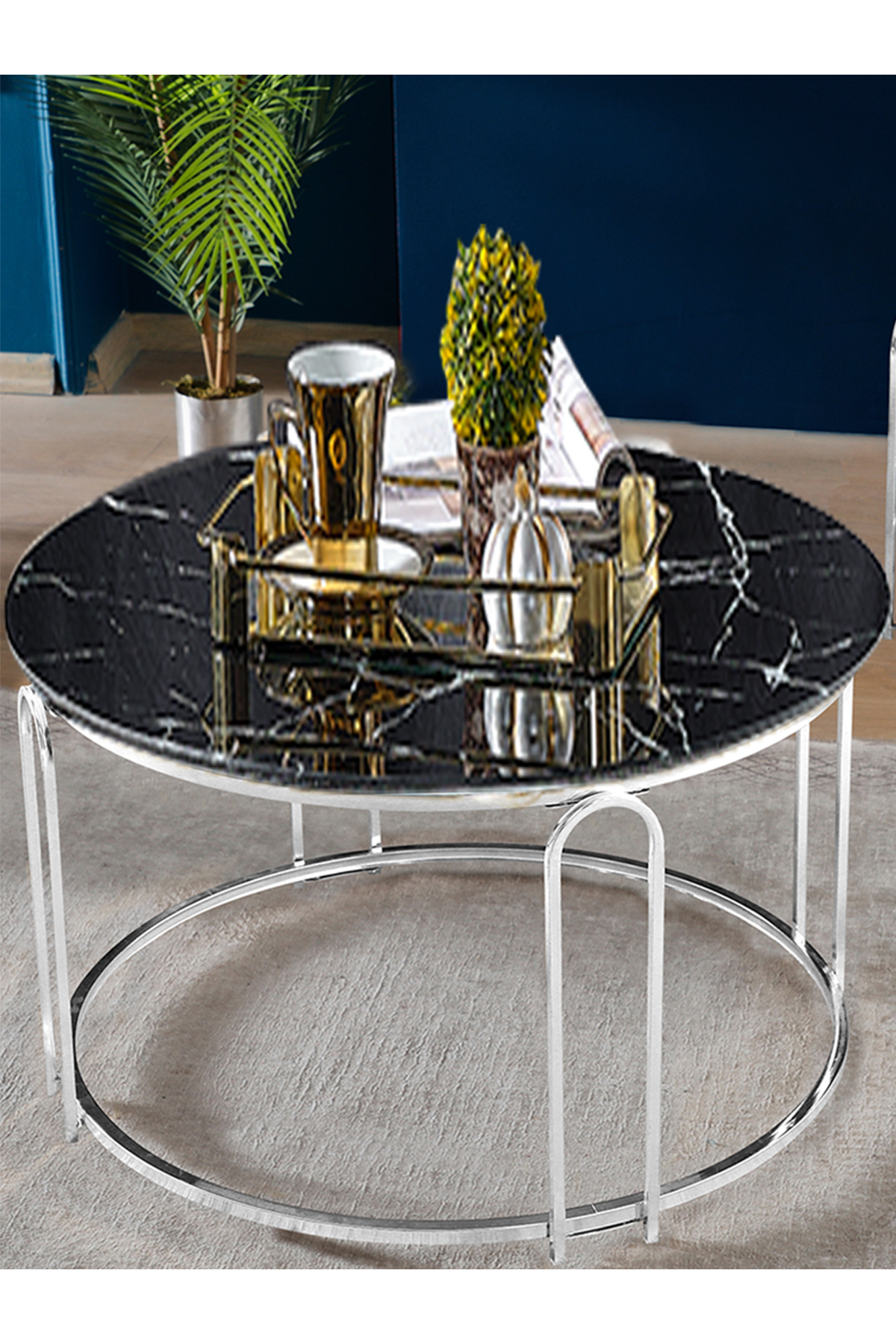 Zigon Sehpa Ve Orta Sehpa Set Lenka Siyah Mermer Cam Gümüş Ayaklı Zigon-orta-sedaş