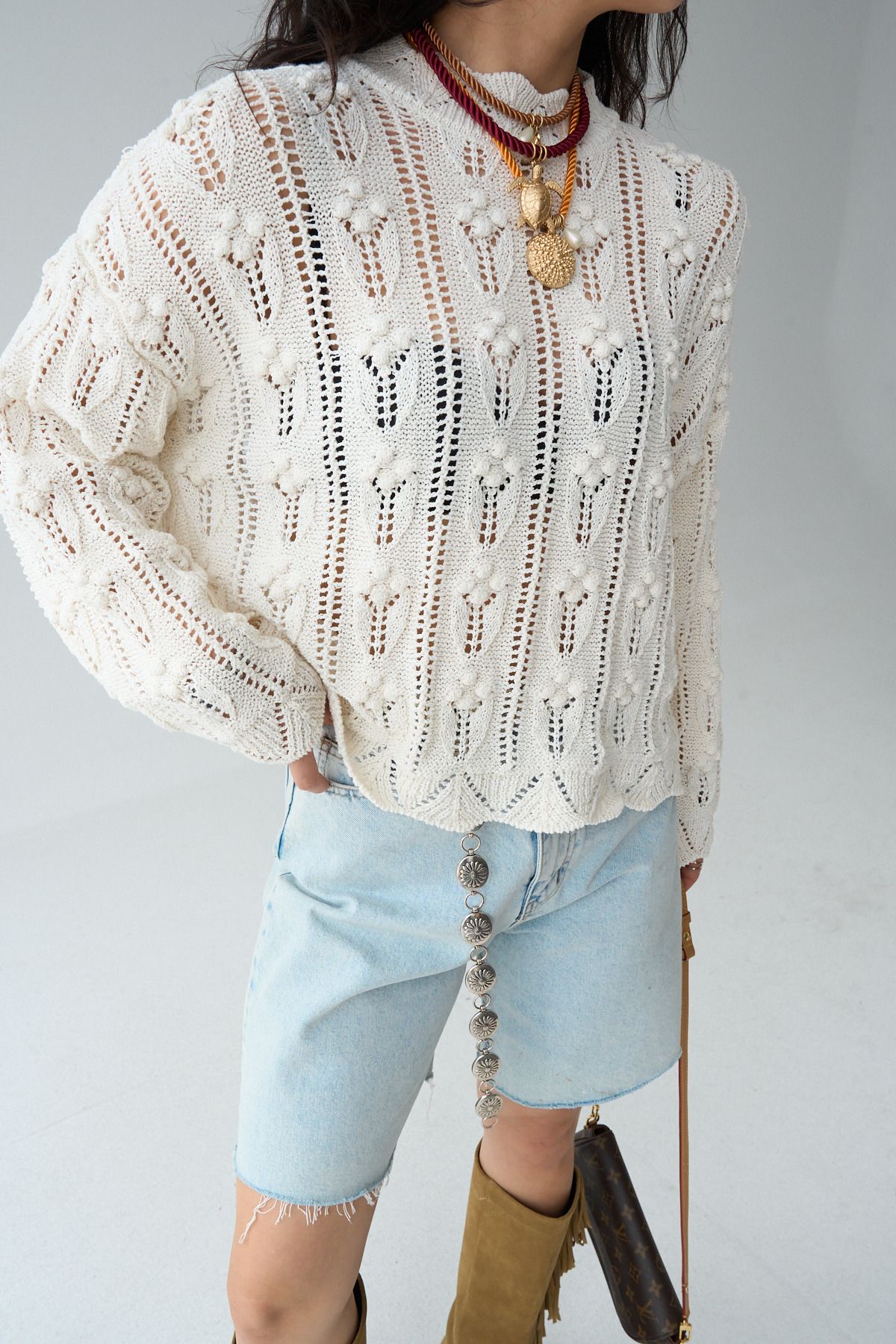 LOOSH-Women's Ecru Stand Collar Pompom Detailed Openwork Seasonal Sweater 5