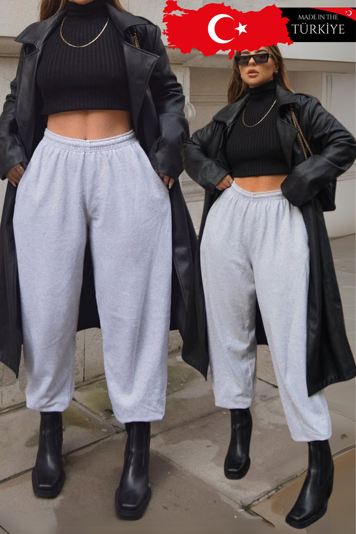 vladivosto Unisex 2 Iplik Kışlık Büyük Beden Bol Kalıp Gri Siyah Kadın Yüksek Bel Baggy Oversize Eşofman Altı görsel 5
