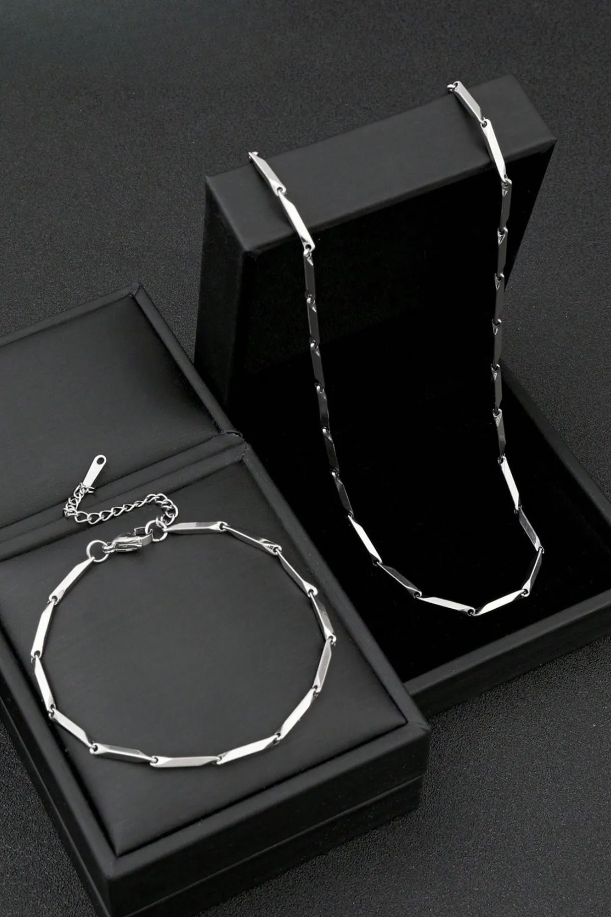 The Collection Paslanmaz Garantili Bar Zincir Hybrid Gümüş Çelik Kolye Ve Bileklik Seti