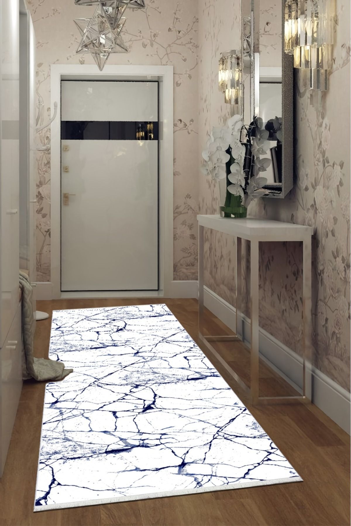 CENTER AVM Lacivert beyaz, Halı Yolluk Makinede Yıkanabilir Halı Kaymaz Taban Yolluk