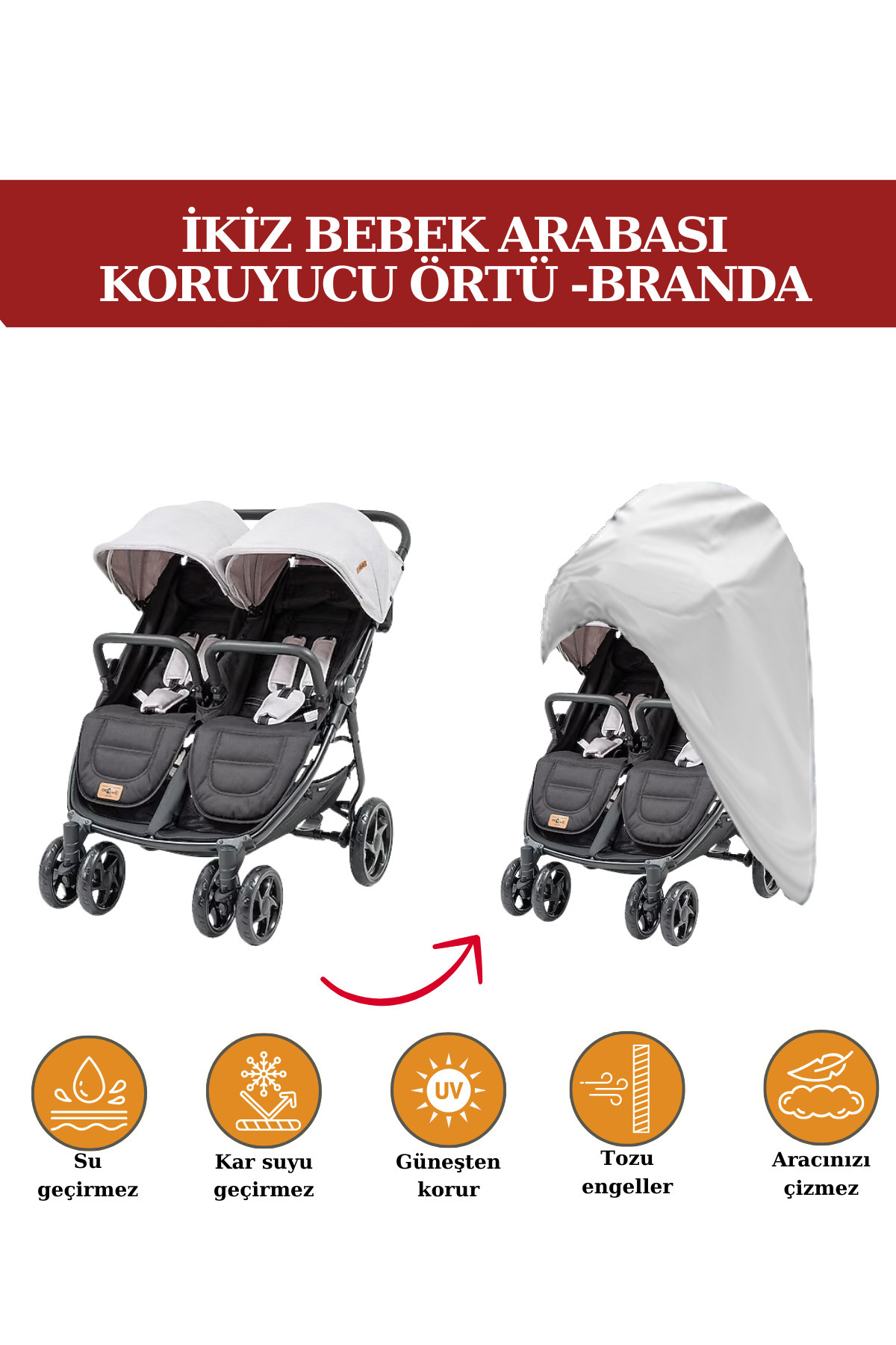 Breen-Twin Baby Stroller Tarpaulin- Gray Protective Cover, Waterproof, Protects from Dust 1